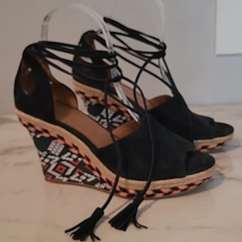 Cabi Isla Leather Suede Navy Blue Wedge Heels Espadrilles Sandals Wmns 7.5 Boho